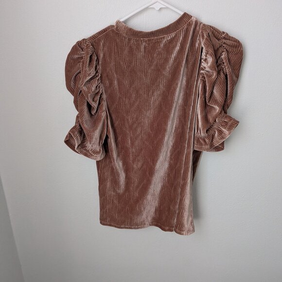 THML Women's Puffed Sleeve / Ruffled Arm Light Brown Velvet Top, Medium - Picture 3 of 4